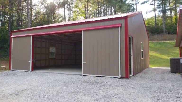 30 x 30 x 9 garage, tan metal with red trim and open bays