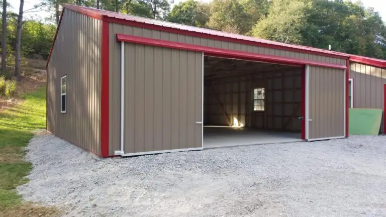 Open bays of the 30 x 30 x 9 garage with red trim