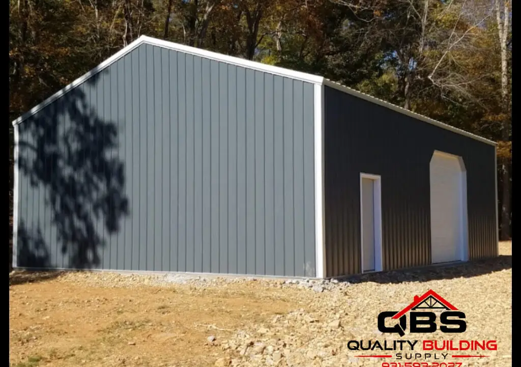 Corner of the 30 x 40 x 10 garage, gray metal siding with black trim