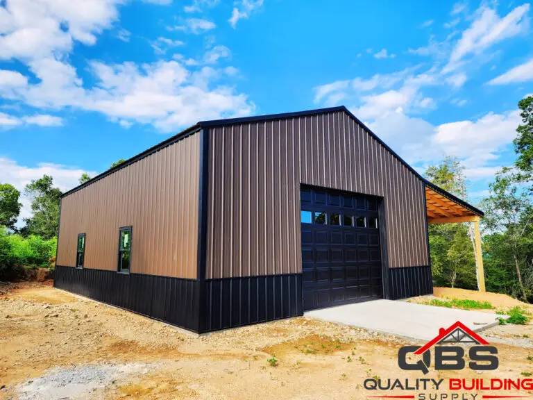 30 x 40 x 12 garage with black wainscot and lean-to