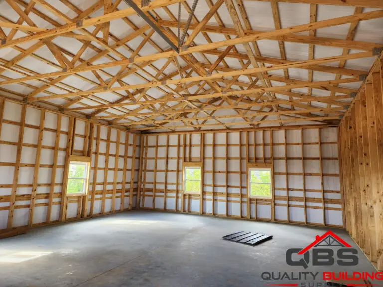 Wood-framed interior of a 30 x 40 x 12 garage during construction