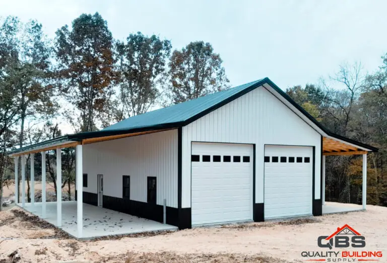 30 x 50 x 12 garage with a teal roof and lean-to