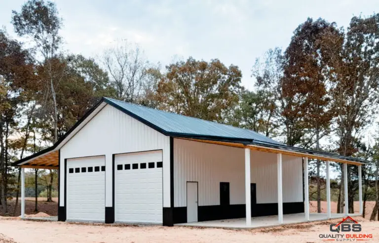 30 x 50 x 12 garage with black wainscot and a covered lean-to