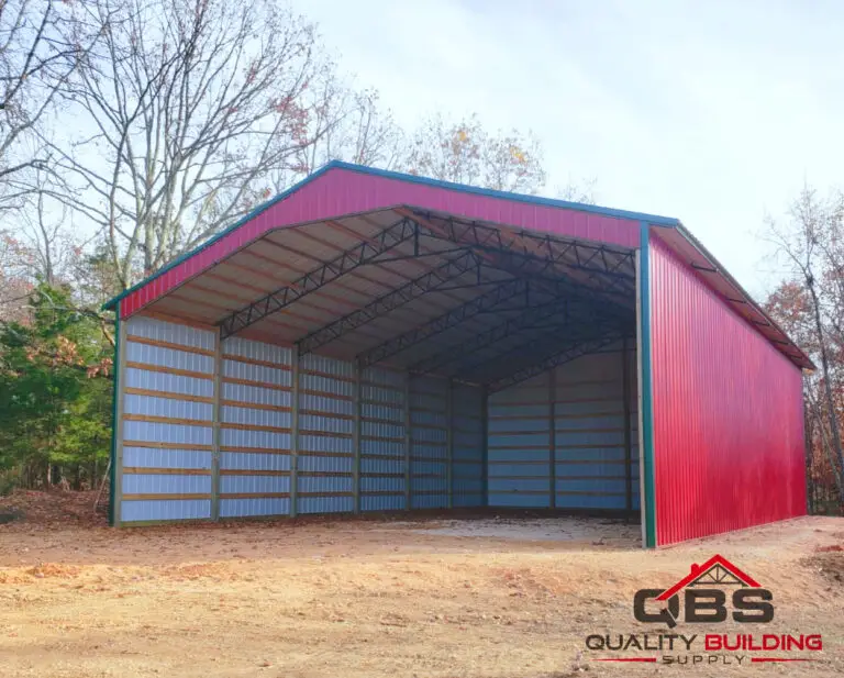 40 x 60 x 14 pole barn with a red roof and open side