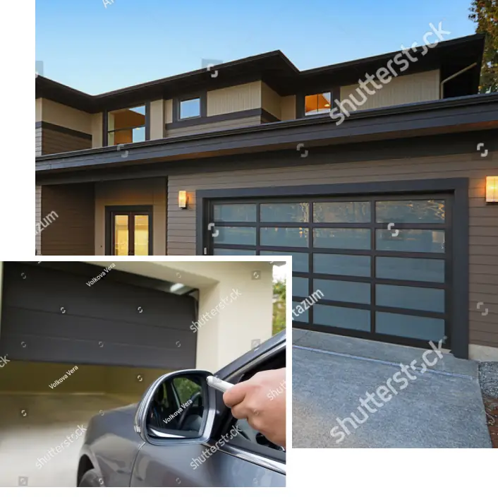 Modern black glass garage door with a remote opener