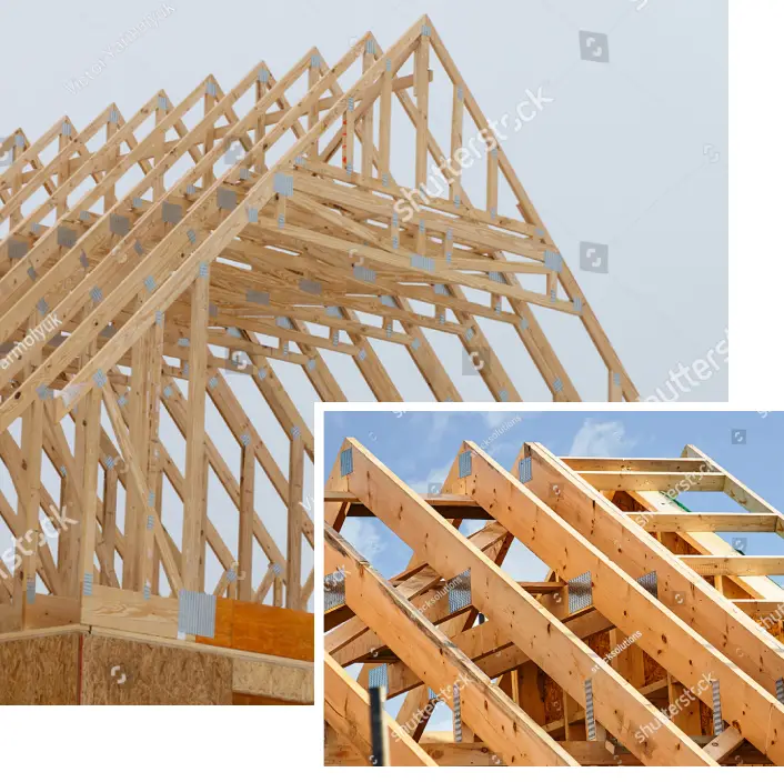 Wood roof trusses on a framed building