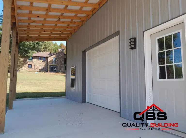 Walk door and roll-up door under the lean-to of the 30 x 30 x 12 garage with lean to