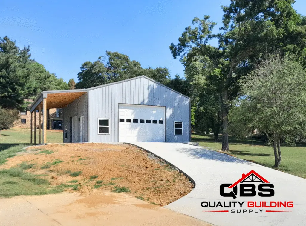 30 x 30 x 12 garage with lean to with a concrete driveway
