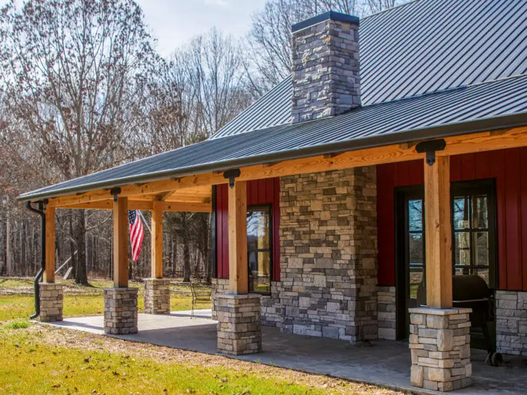 Stone porch columns and chimney on the Fireside Barndo