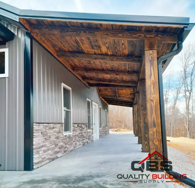 Covered porch with rough-sawn timber posts on the Kellogg Home