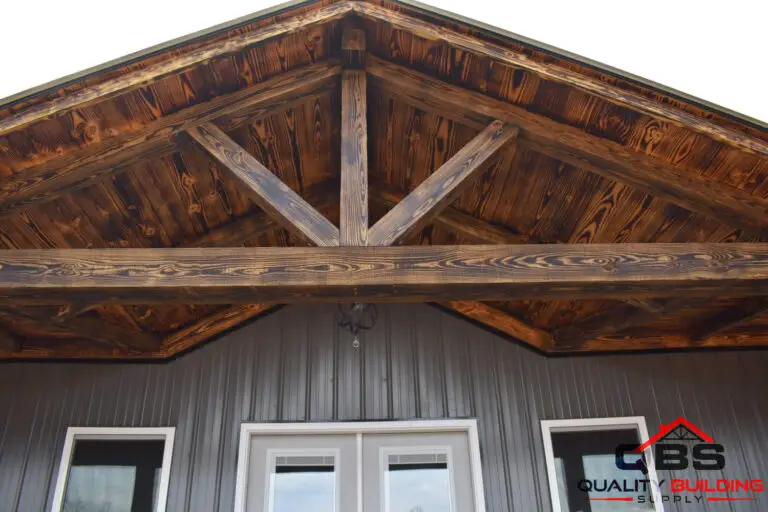 Timber gable truss over the entry of the Kellogg Home