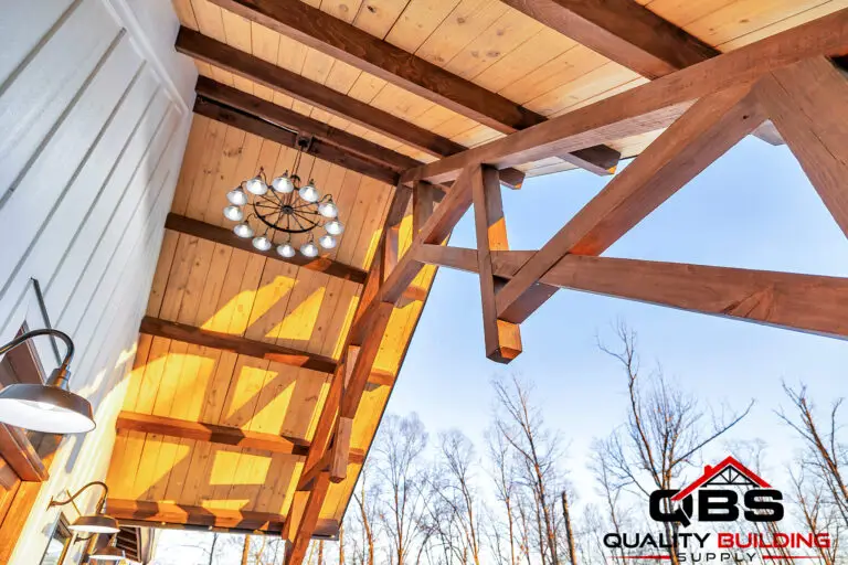Timber trusses and wood ceiling under the gable windows of the South Fork Barndo