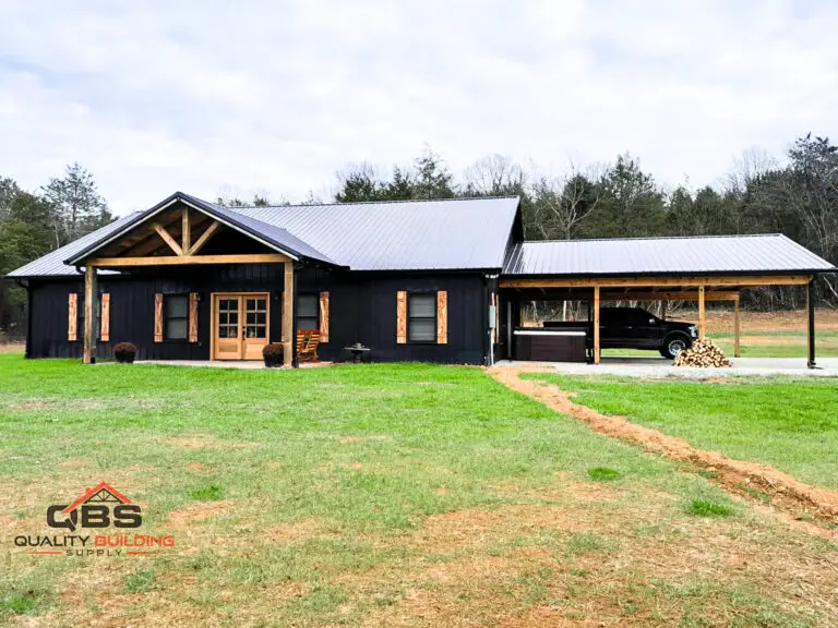 The Qualls Home, black board-and-batten with a timber porch