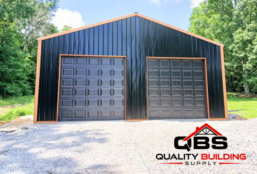 Two black garage doors on the 30 x 50 x 12 garage