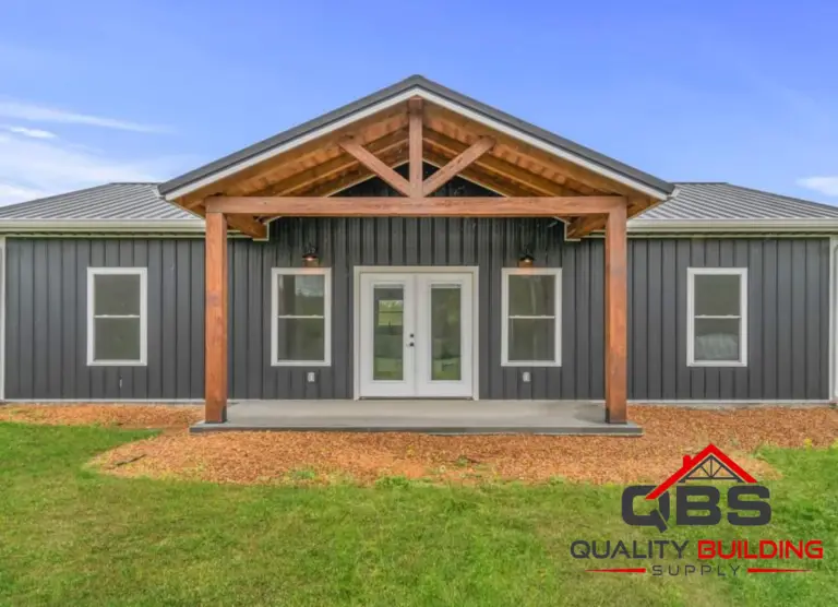 Front of the Oak Hill Barndo with French doors under a timber gable porch