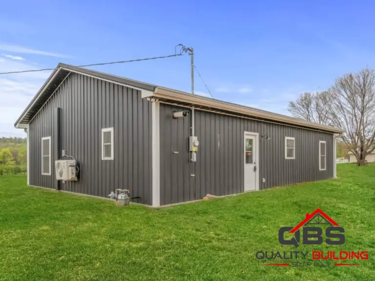 Side of the Oak Hill Barndo, gray metal siding