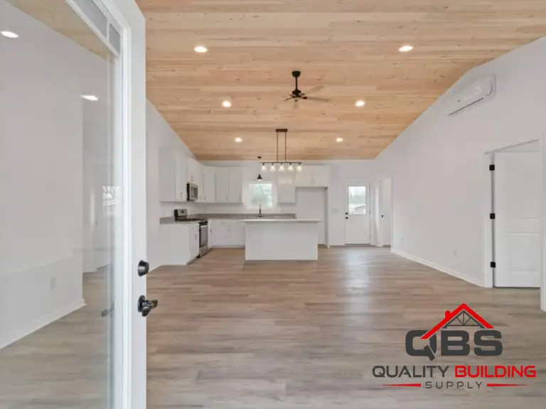 Living area with a tongue-and-groove ceiling in the Oak Hill Barndo