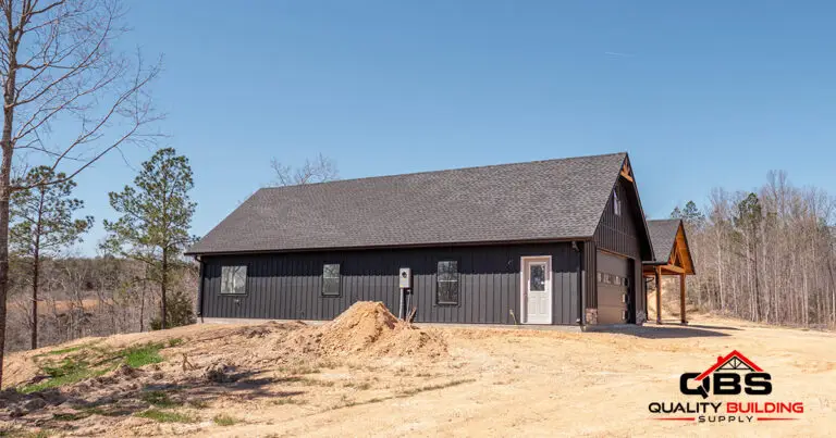 Side of the Cypress Ridge barndominium, black siding