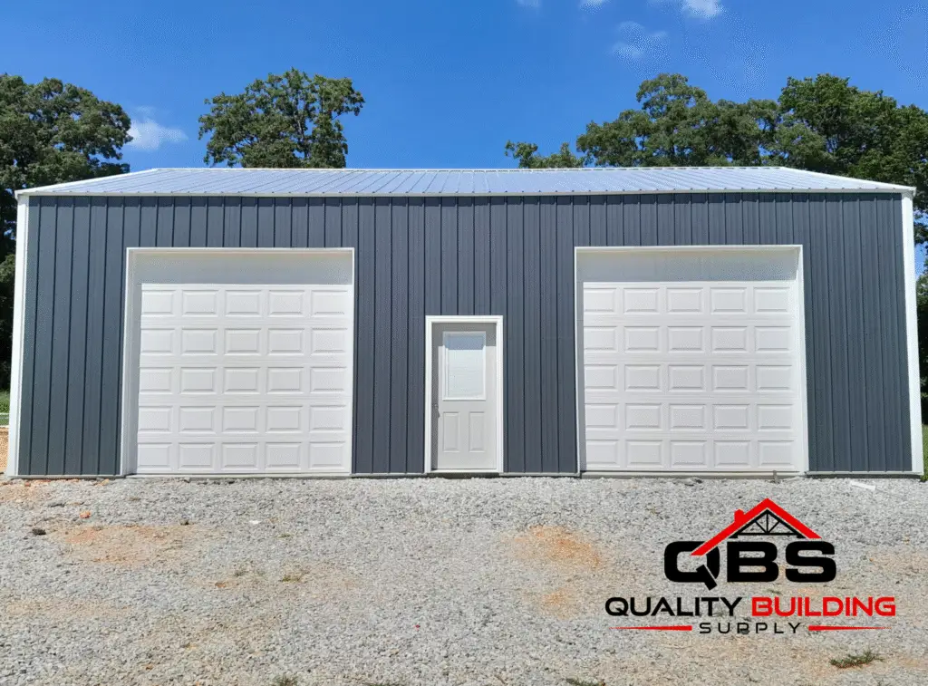 30 x 40 x 12 garage, charcoal metal with two white garage doors