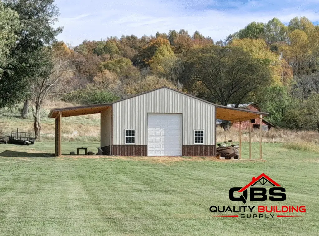 30 x 30 x 14 garage, tan metal with a side lean-to