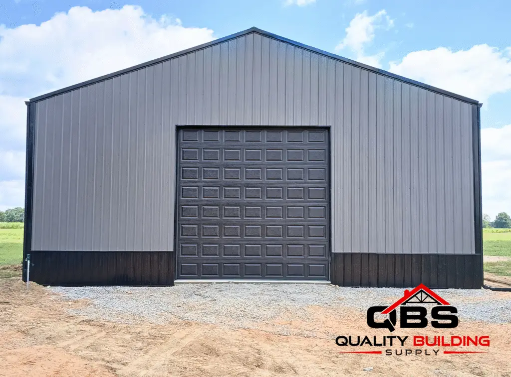 40 x 60 x 14 garage, gray metal with a dark roll-up door