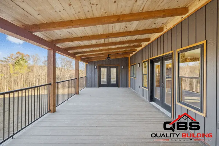 Wood porch ceiling on the Ozark barndominium