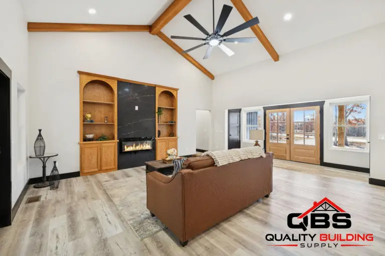 Vaulted ceiling with wood beams in the Ironwood barndominium