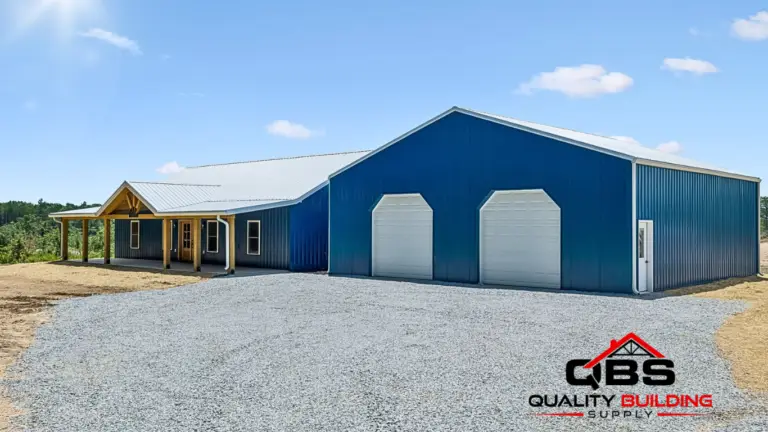 The Cobalt Combo, blue metal shop with white garage doors