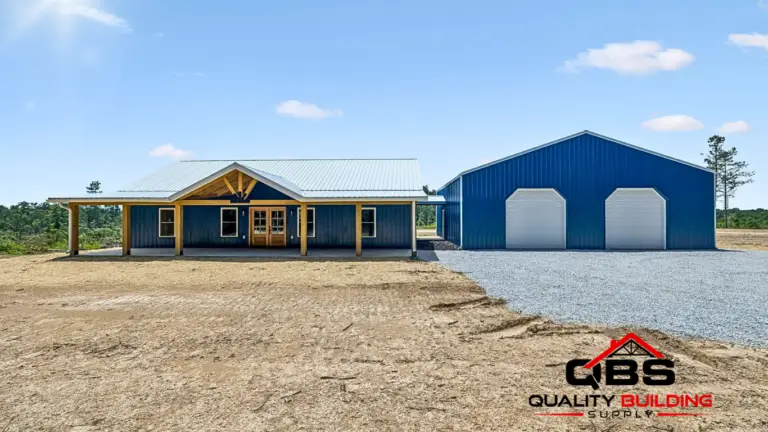 The Cobalt Combo, blue barndominium with a timber porch and attached shop