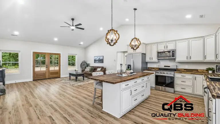 Kitchen island and living room in the Cobalt Combo