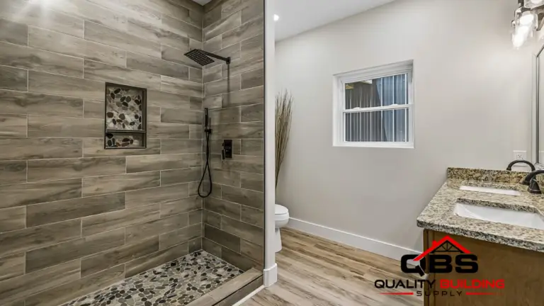 Walk-in tile shower in the Cobalt Combo