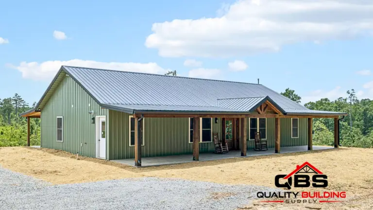 Hillside Haven, green board-and-batten with a metal roof and porch