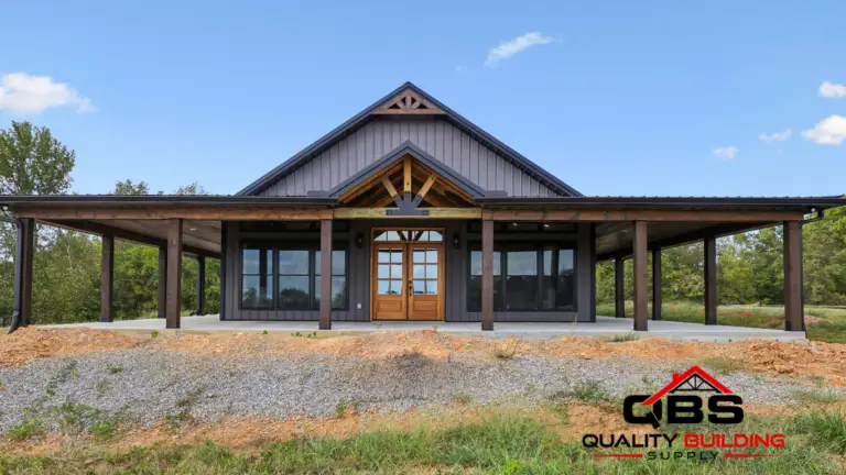 Front of the Shady Grove barndominium with a timber gable entry